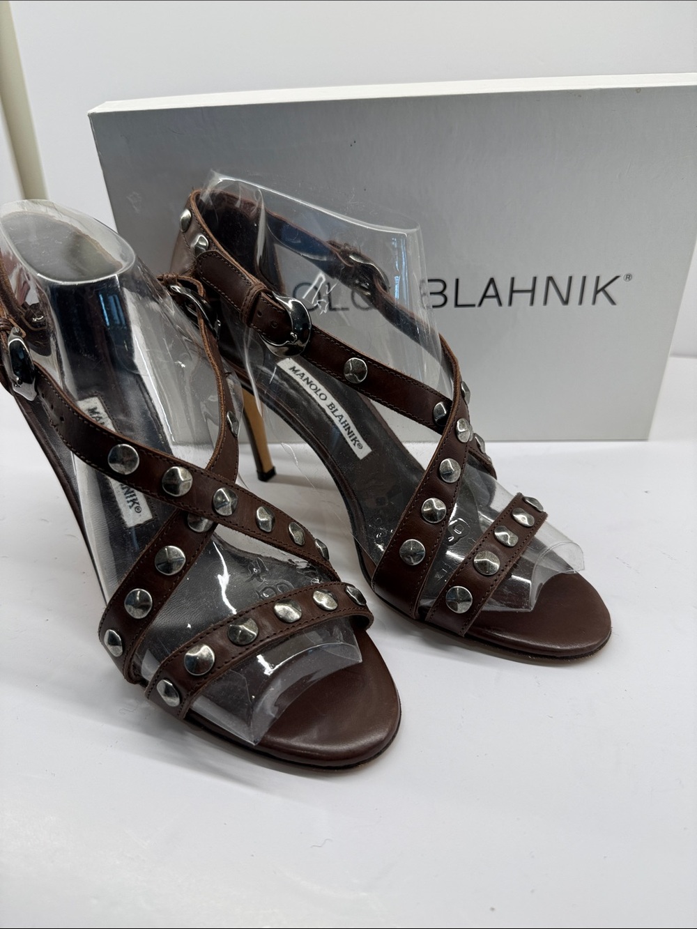 Manolo Blahnik Dark Brown Studded Leather Heels